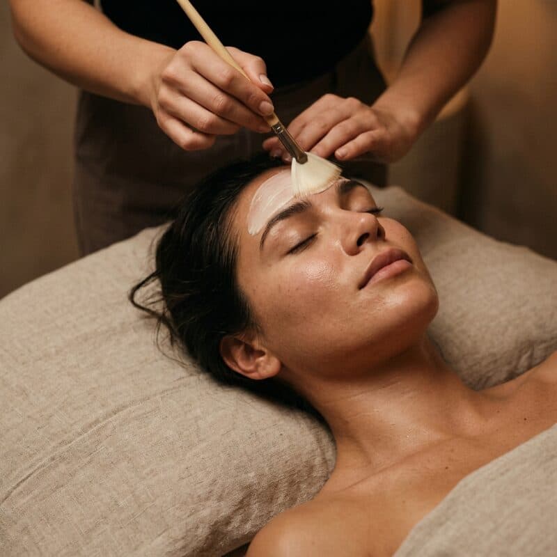 A fan brush laying a pale mask across the forehead of a woman lying with her eyes closed.