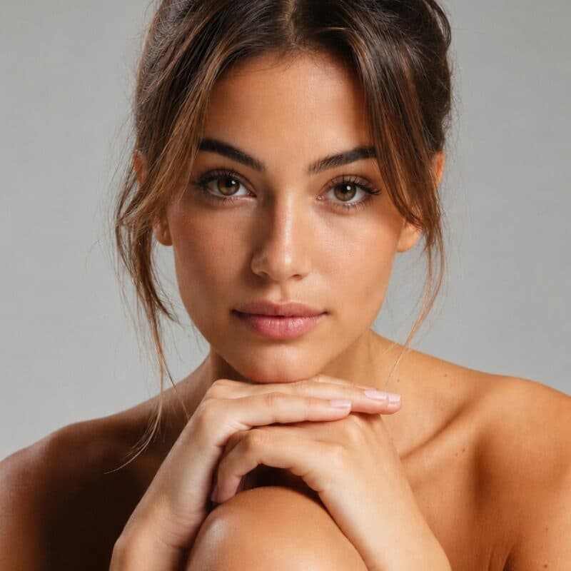A woman resting her chin on her folded hands against a plain grey backdrop.