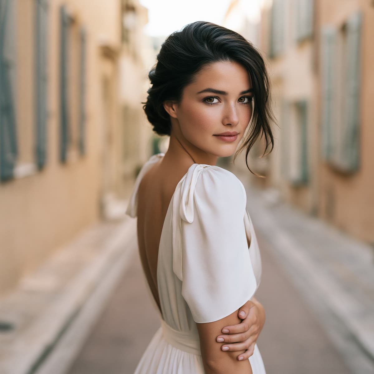 A woman in a white dress with a bow at the shoulder, on a sunlit street with shuttered windows behind.
