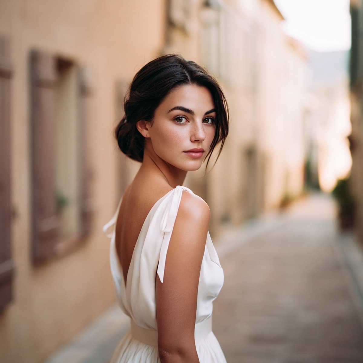 A woman in a white dress on a narrow sunlit street, turned to look over her shoulder.
