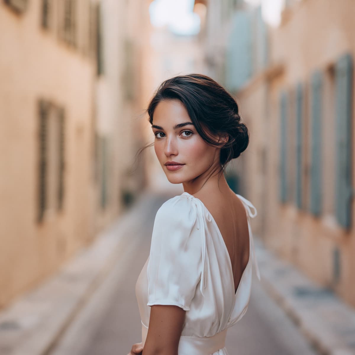 A woman in a white dress standing on a quiet street in evening light.