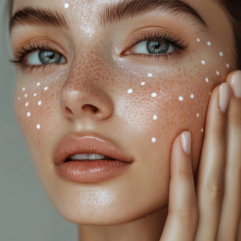 Close-up of a freckled cheek and eye, small white dots scattered over the skin.