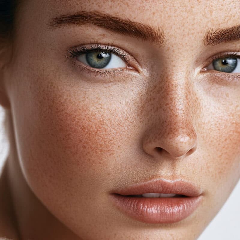 A close view of a freckled face in daylight, eyes to camera.