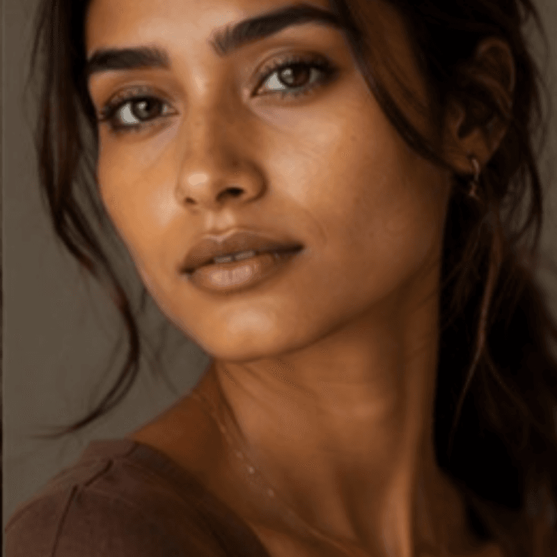 A woman with her hair loosely tied back, looking towards the camera against a grey wall.