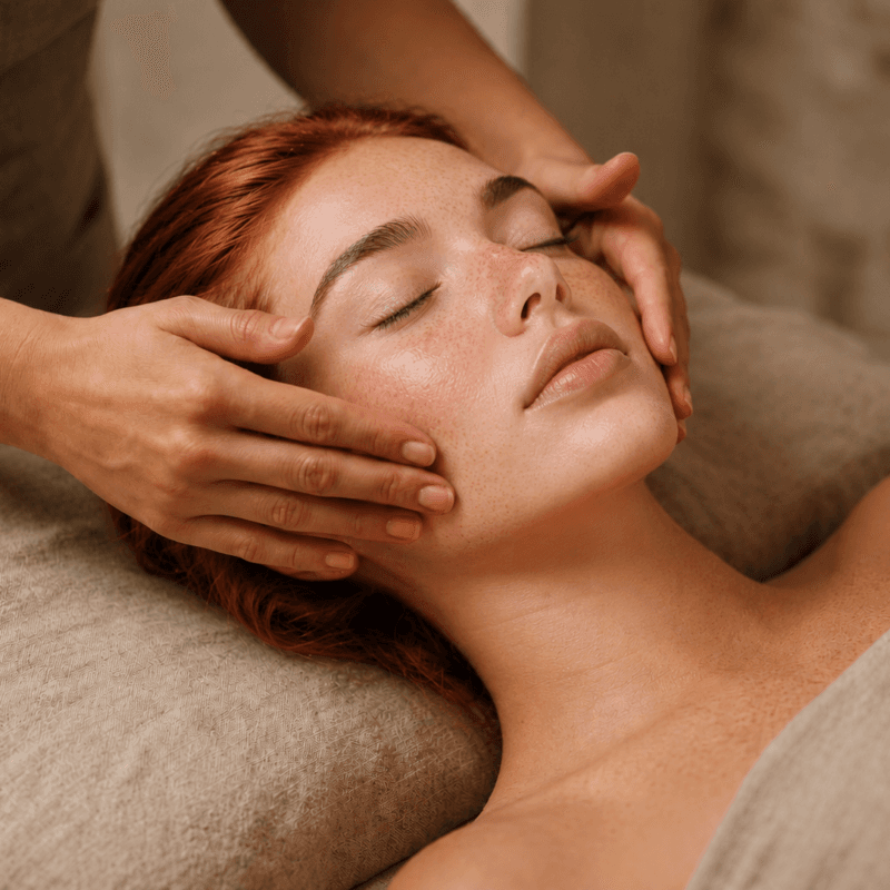 Hands cradling the temples of a red-haired woman resting with her eyes closed.