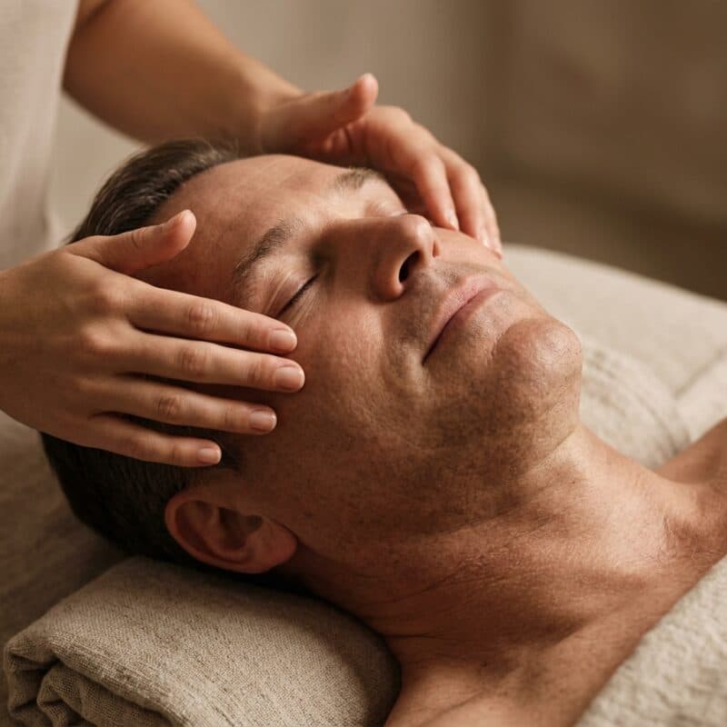 Hands resting either side of the forehead of a man lying with his eyes closed.