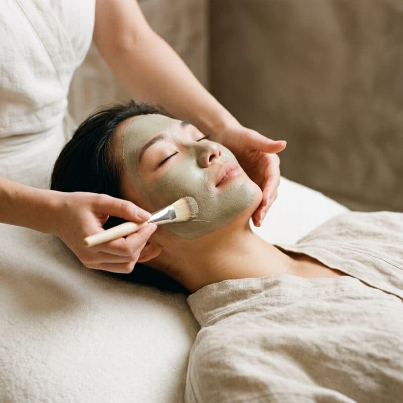 A green clay mask being brushed onto the cheek of a woman resting on a couch.