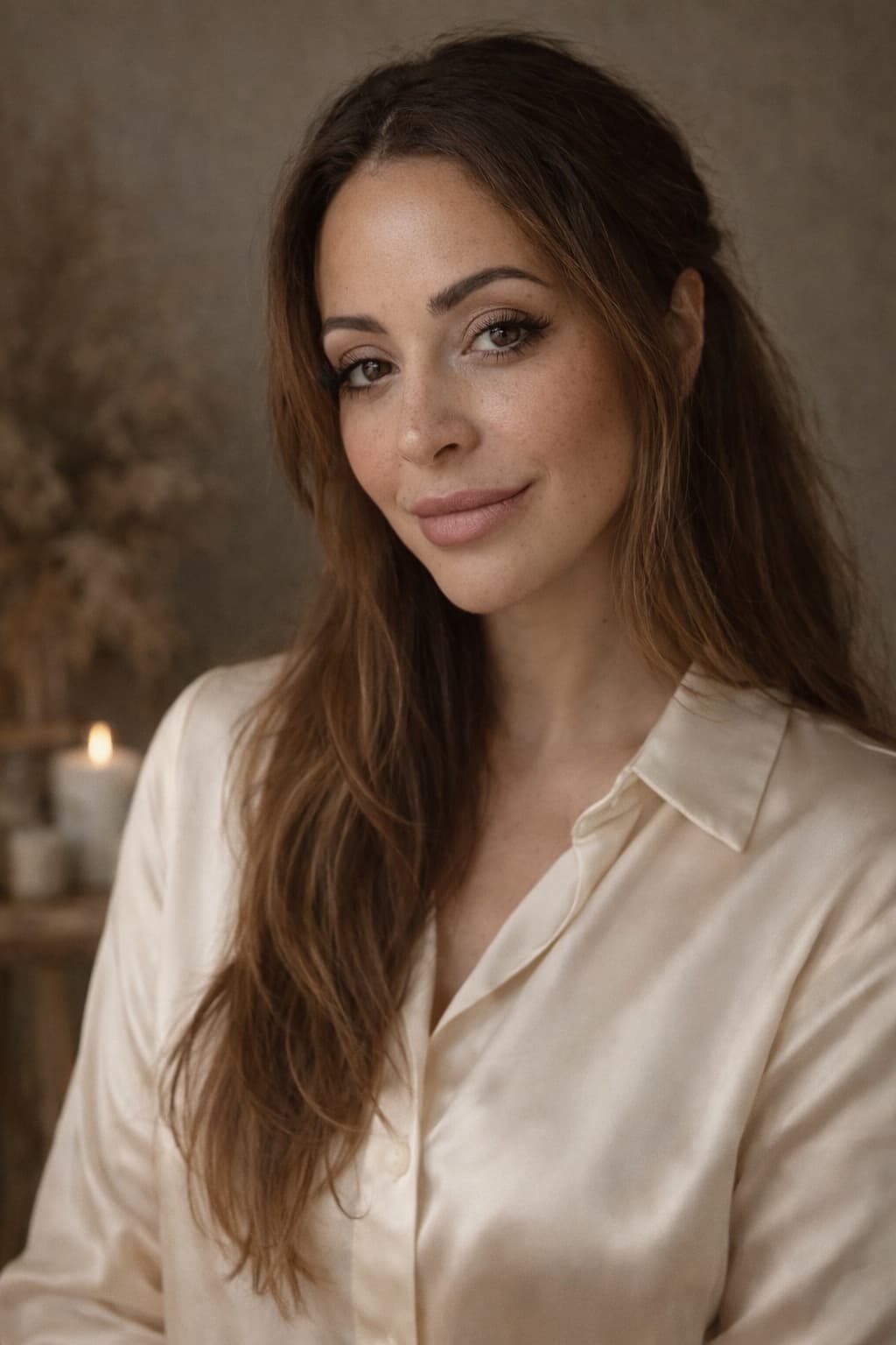 A woman with long hair in a cream silk shirt, looking towards the camera, dried grasses and a lit candle behind her.
