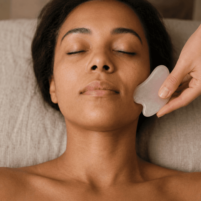 A rose quartz gua sha stone drawn along the cheek of a woman lying with her eyes closed.