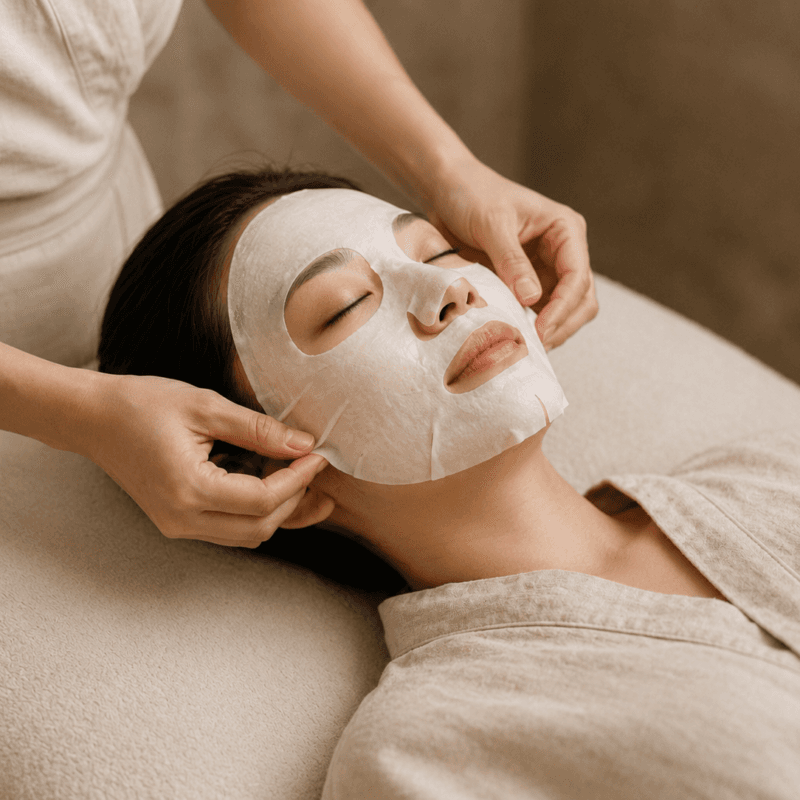 A sheet mask being smoothed onto the face of a woman lying with her eyes closed.
