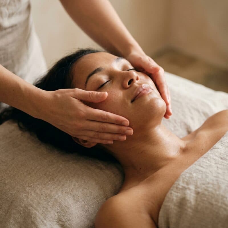 Hands working along the cheekbones of a woman lying with her eyes closed.
