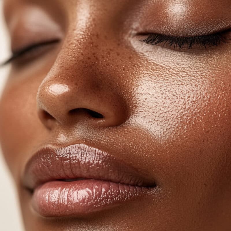 A close view of skin across the cheek and mouth, eyes closed.