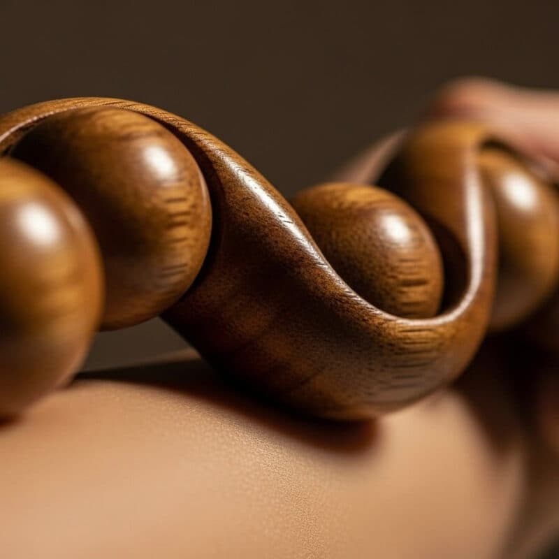 A shaped wooden massage tool worked across the small of a back.