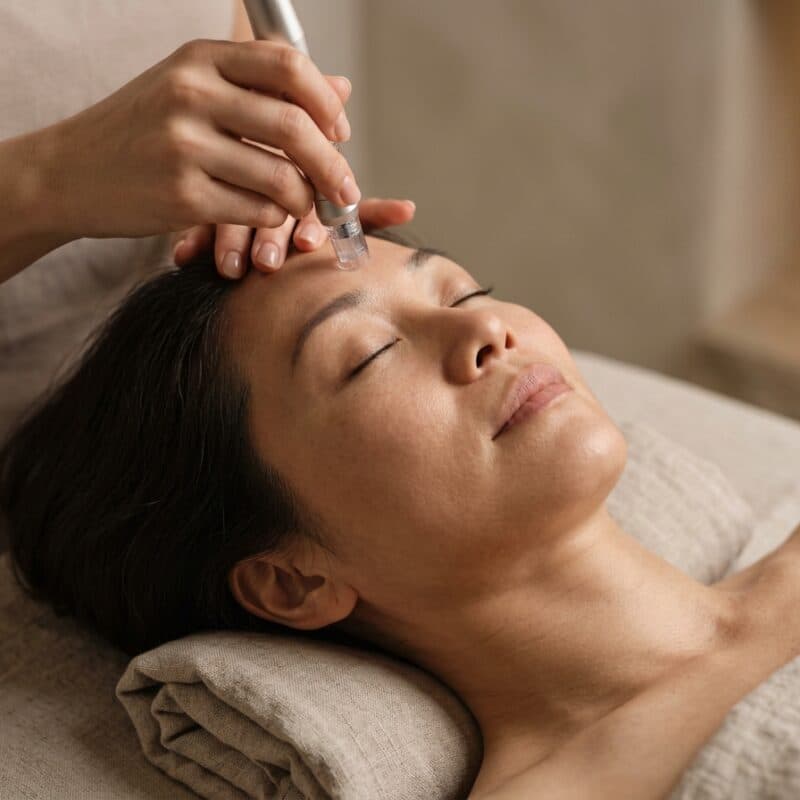 A hand steadying a microneedling pen against the brow of a woman lying with her eyes closed on a linen-covered pillow.