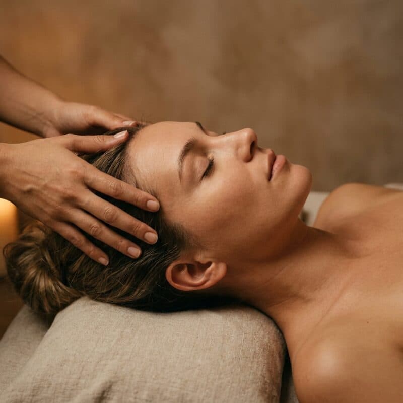 Hands at the hairline of a woman resting on a treatment couch, a candle behind.
