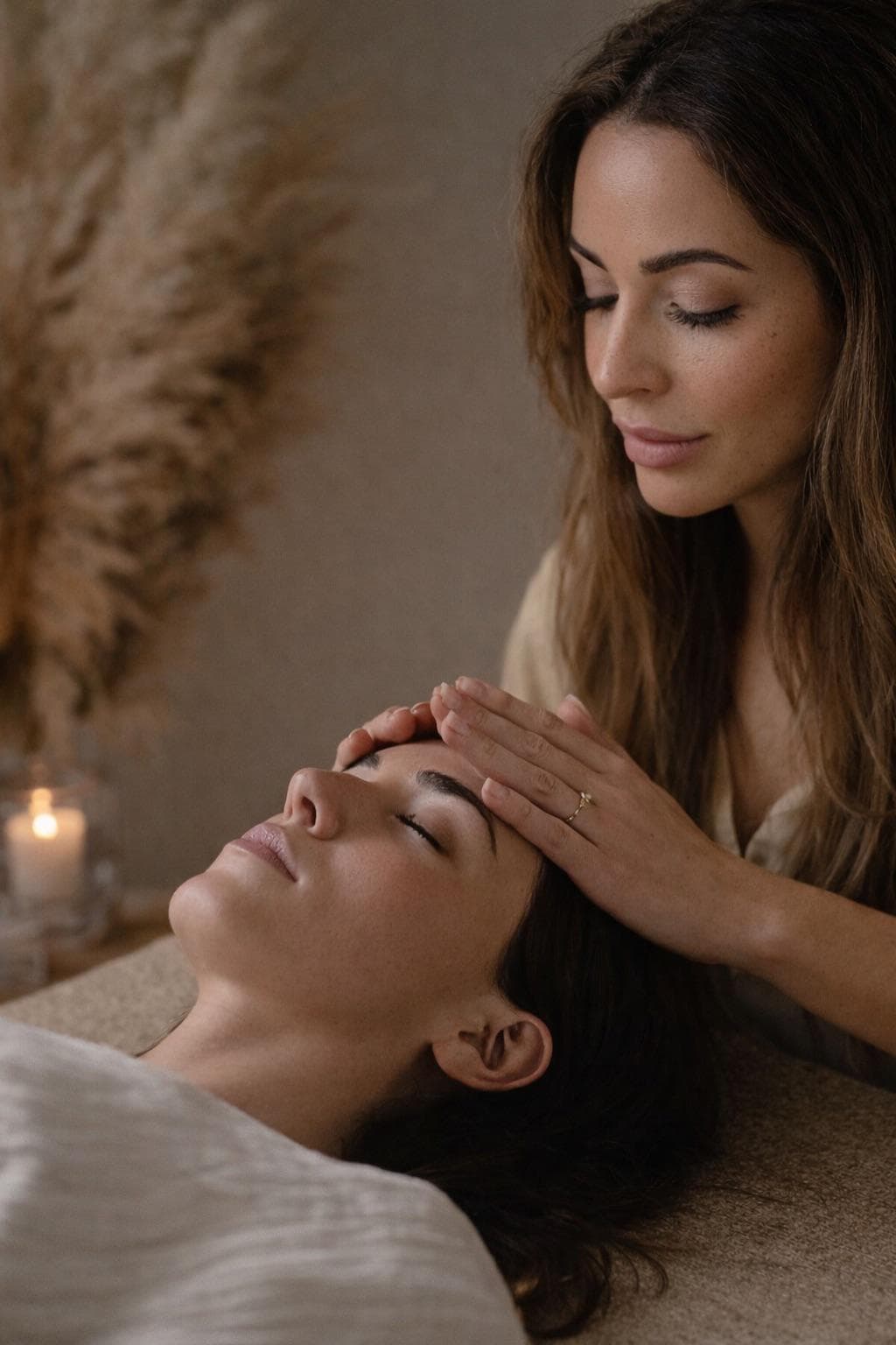 A practitioner resting her hands on the forehead of a client lying with her eyes closed.