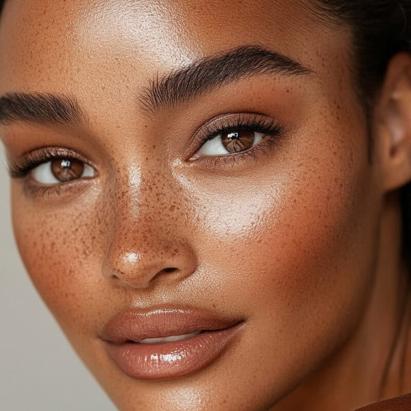 A close crop of a freckled face turned towards the light, both eyes looking past the camera.