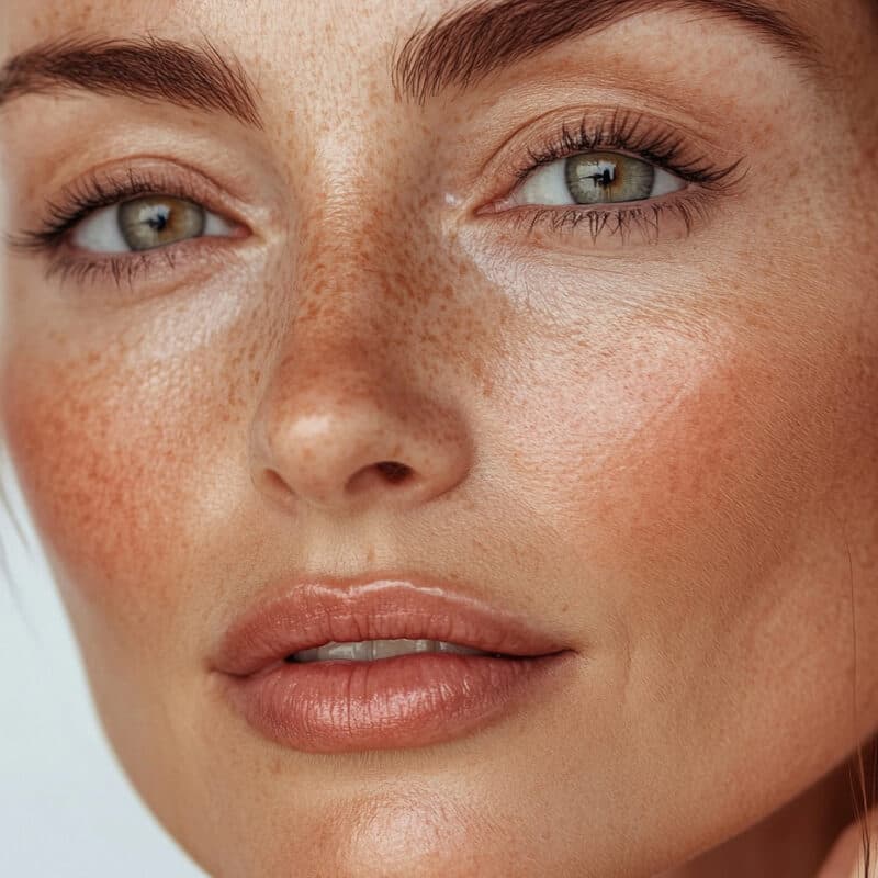 A very close crop of a freckled face with green eyes, looking up and away from the camera.