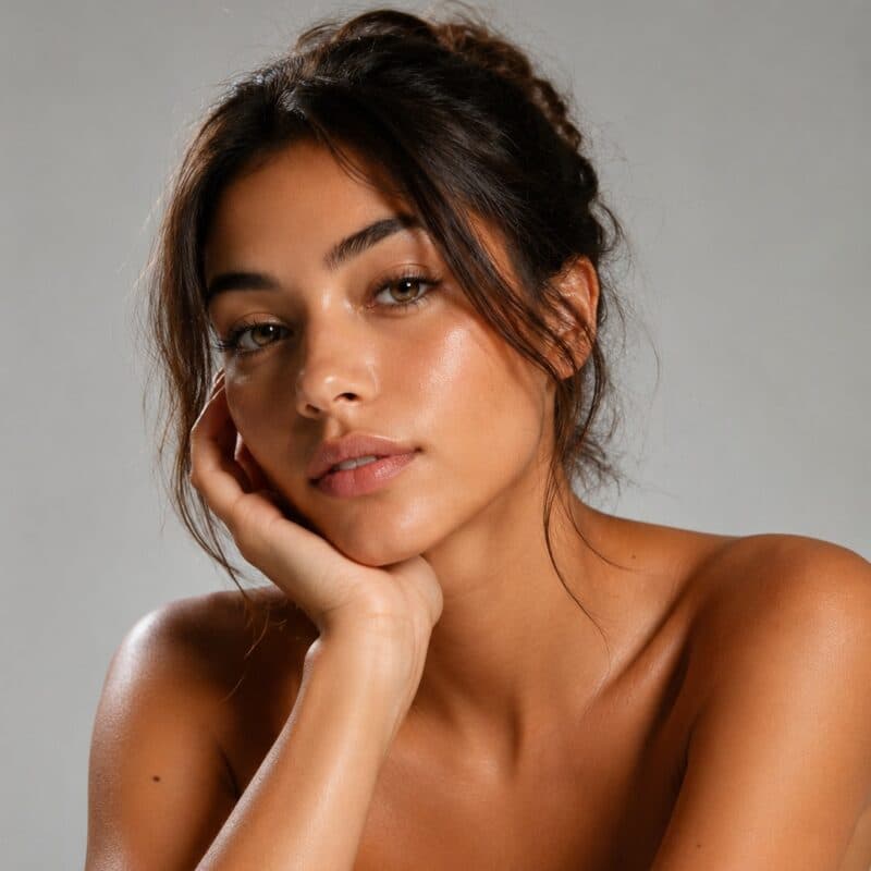 A woman with her hair loosely pinned up, resting her jaw on the back of her hand against a grey backdrop.
