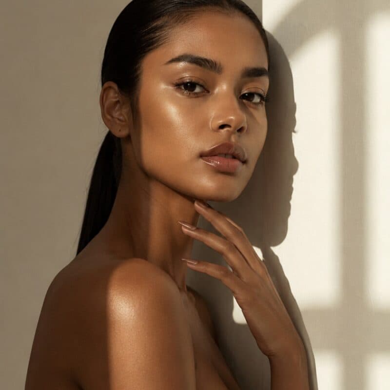 A woman standing against a pale wall in low sunlight, one hand at her collarbone.