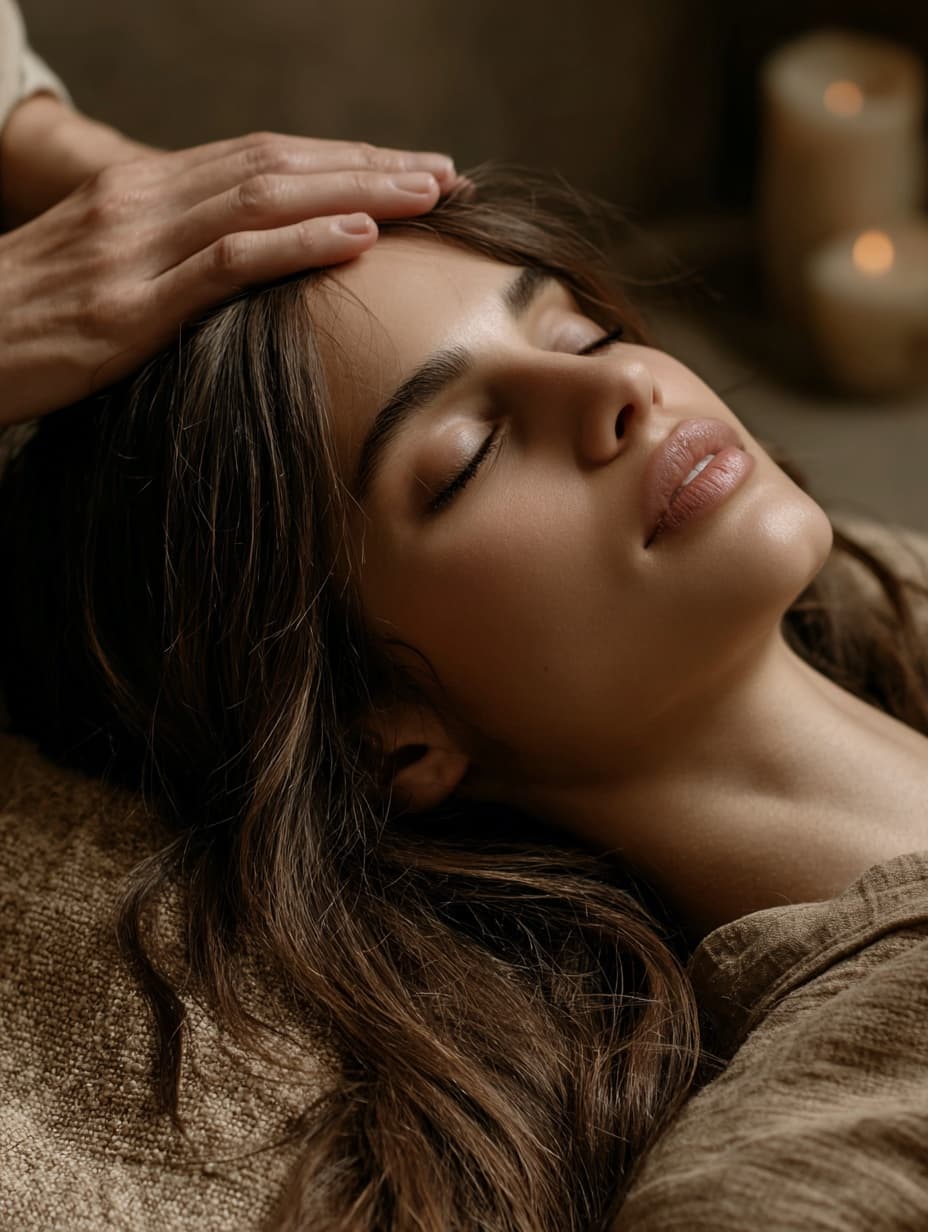 A hand resting lightly on a woman's forehead as she lies with her eyes closed, two candles alight behind her.