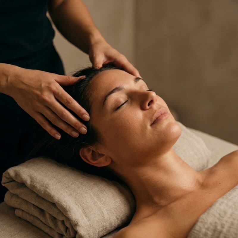 Hands working through the hairline of a woman lying on folded linen, her eyes closed.