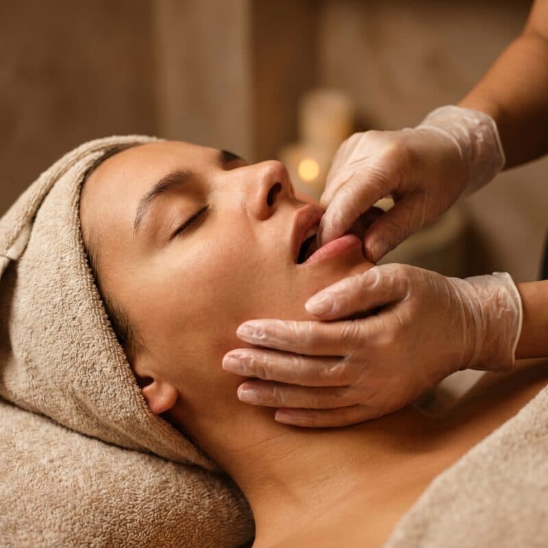 Gloved hands working around the jaw and mouth of a woman with a towel wrapped over her hair.