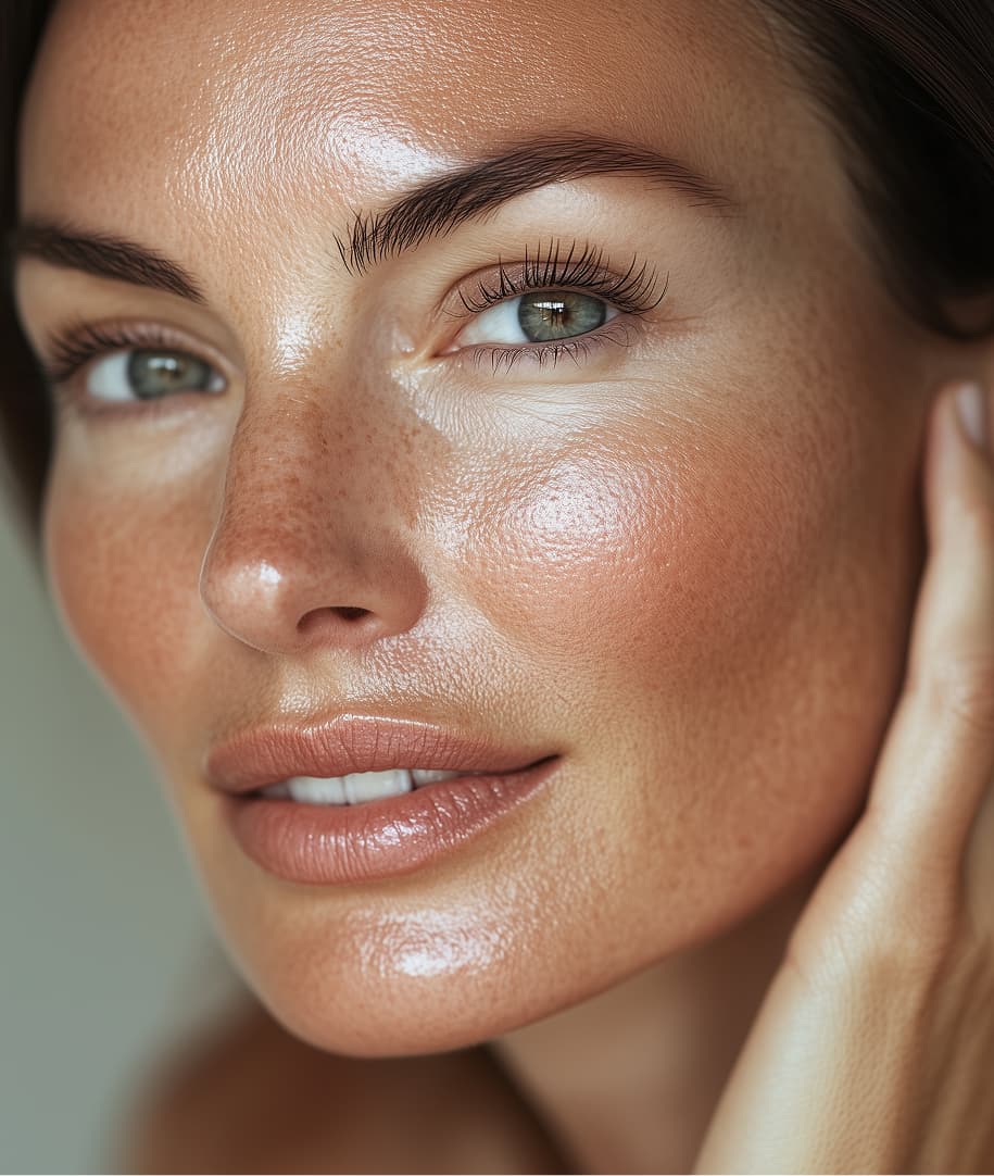 A close portrait of a woman's face, one hand at her cheek.