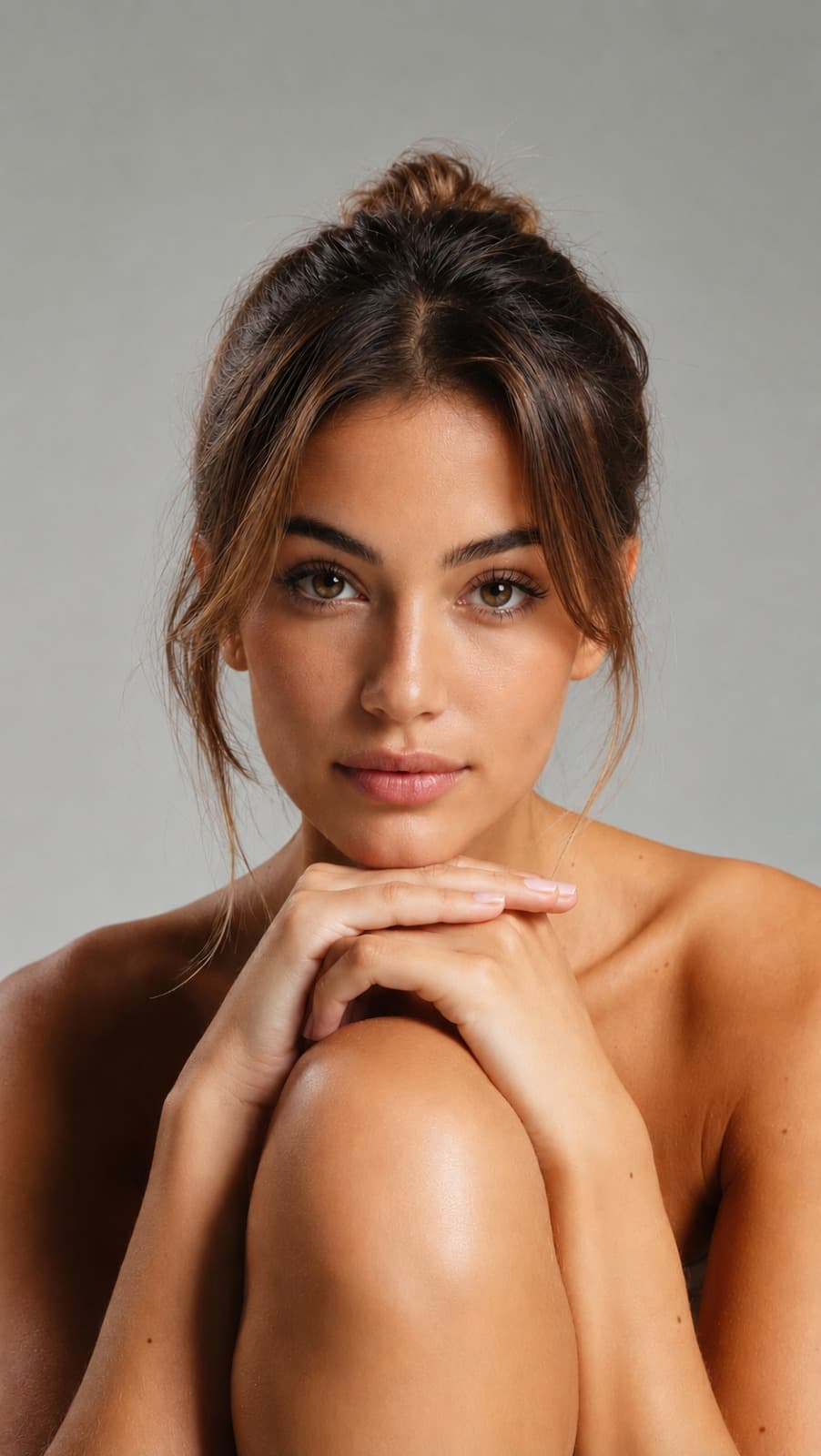 A woman resting her chin on her hands, looking towards the camera.
