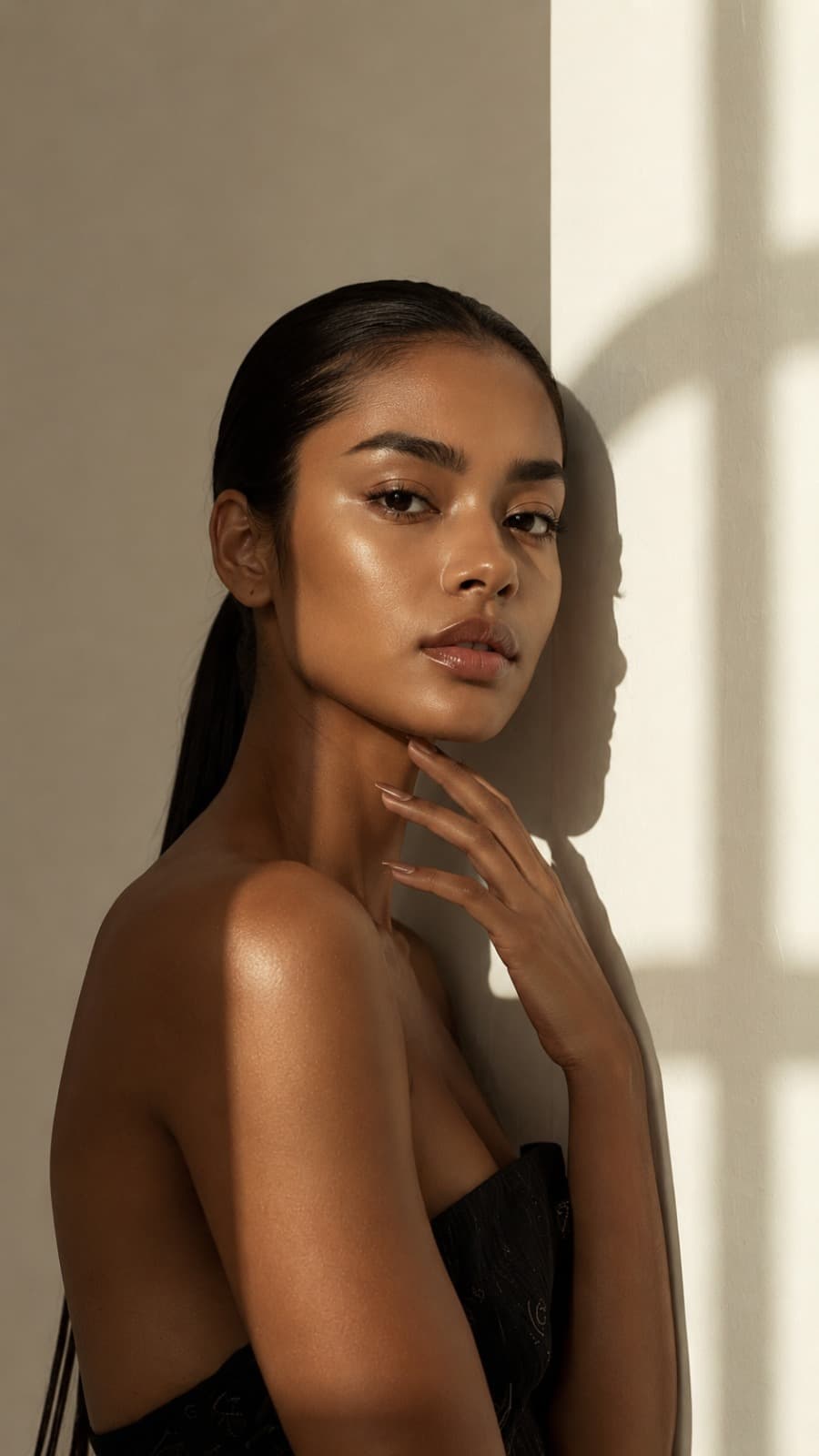 A woman standing against a pale wall in low sunlight, her hand at her collarbone.