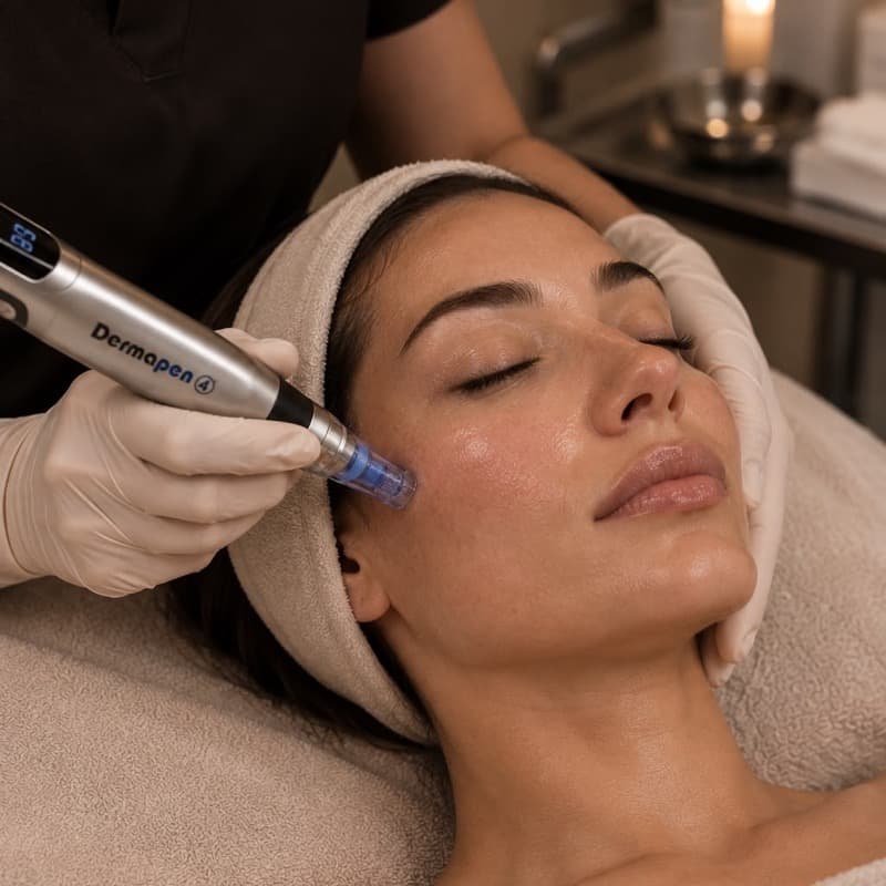 A gloved hand guiding a microneedling pen along the cheek of a woman lying with her eyes closed, a folded towel under her head.