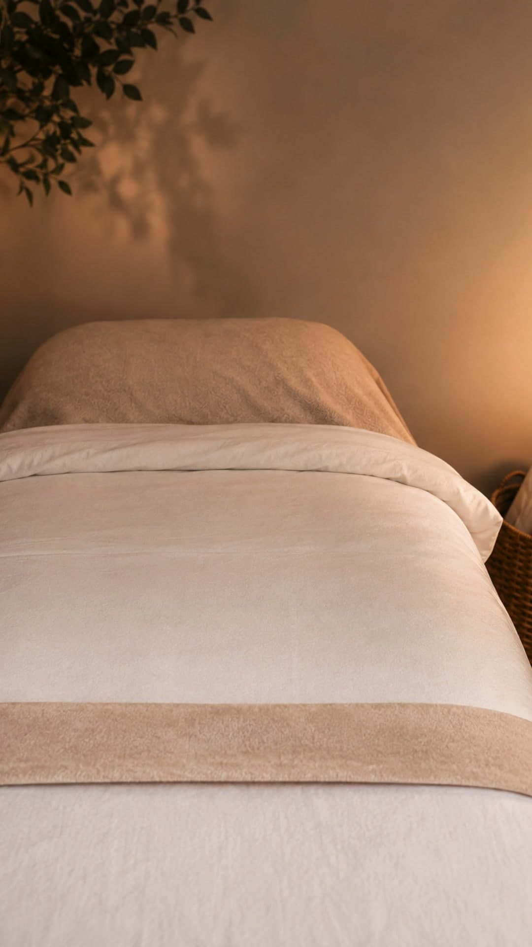 The treatment bed turned down, crisp cotton and a folded blanket, in low evening light.