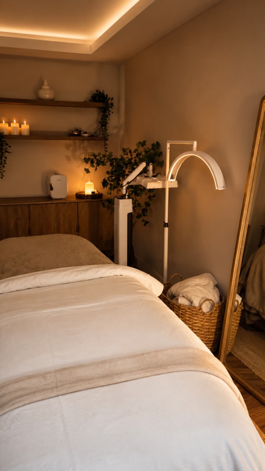 The treatment couch made up in white, candles lit along the shelf behind it.