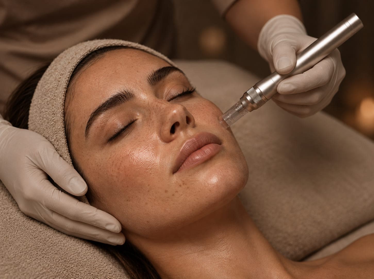 A gloved practitioner holding a microneedling pen to the cheek of a woman lying with her eyes closed, a towel around her hair.