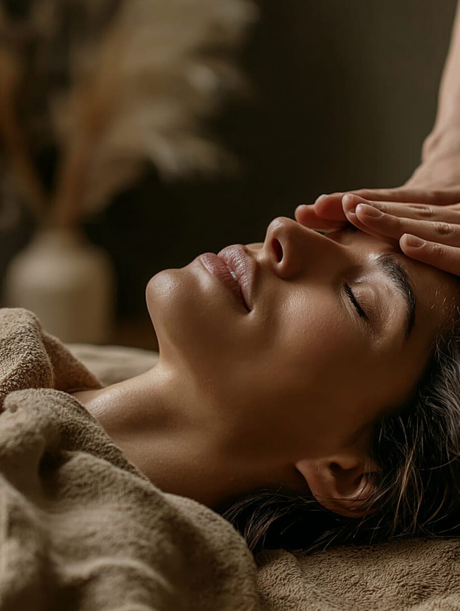 A practitioner's hand resting on the brow of a woman lying with her eyes closed, pampas grass soft behind.