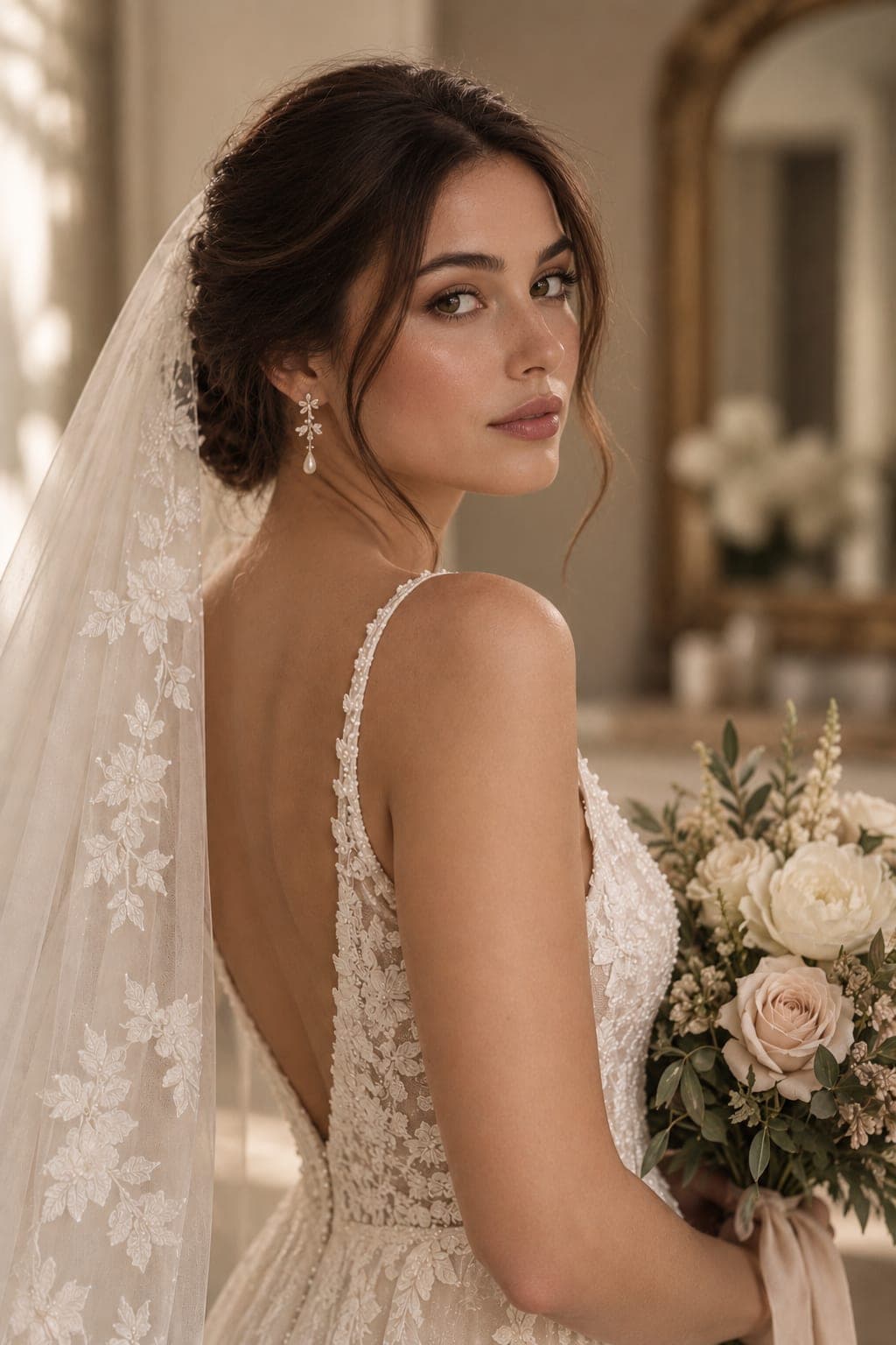 A bride in a lace-backed gown and veil looking back over her shoulder, a bouquet of cream roses in her hands.