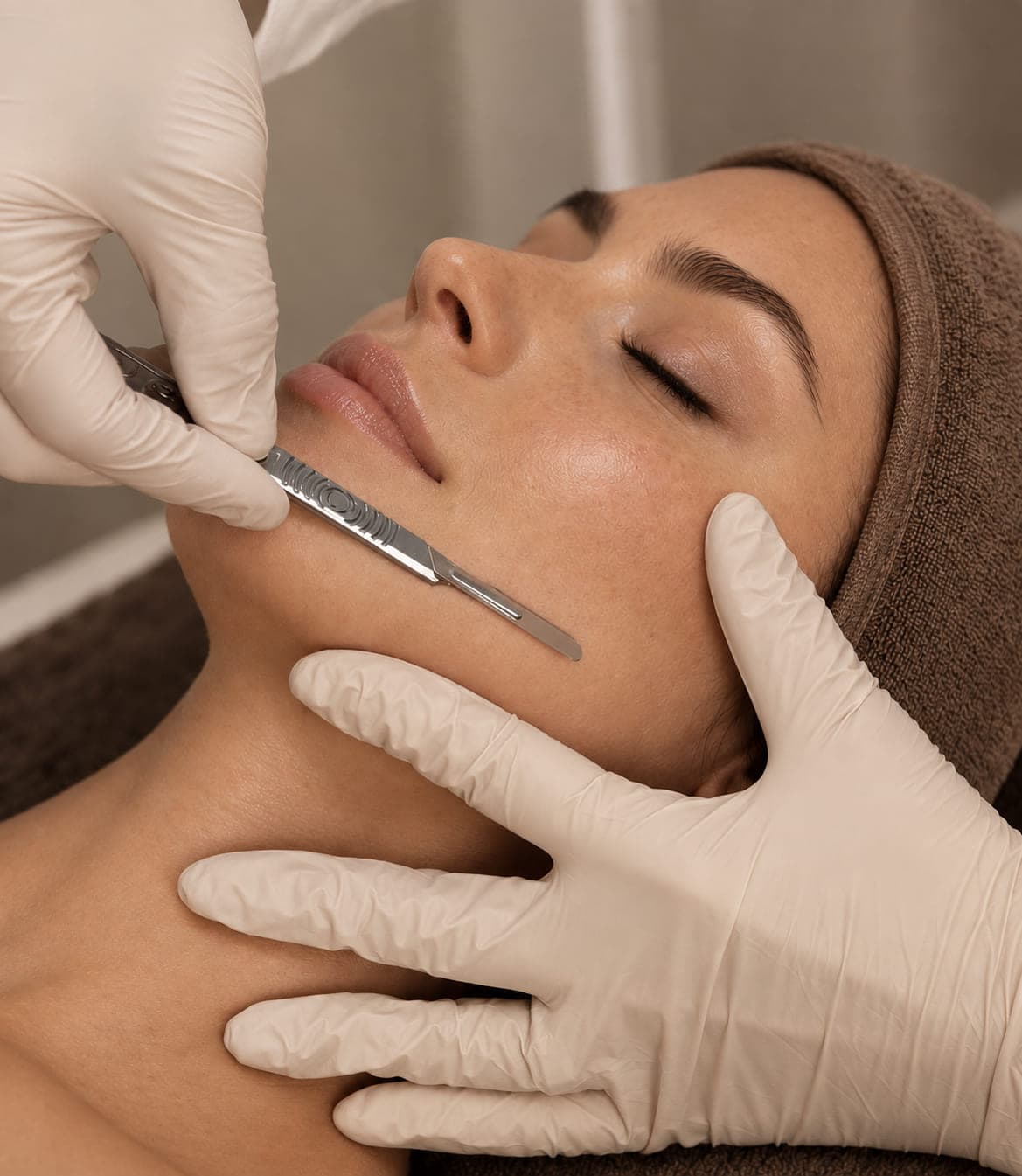 Gloved hands drawing a fine blade along the jaw of a woman lying with her eyes closed, a towel over her hair.