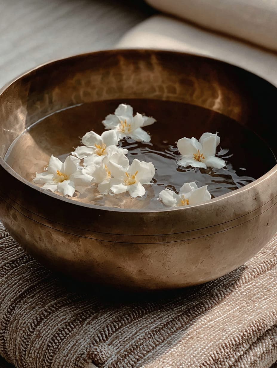 A hammered brass bowl of water with white blossoms floating in it, resting on folded linen.
