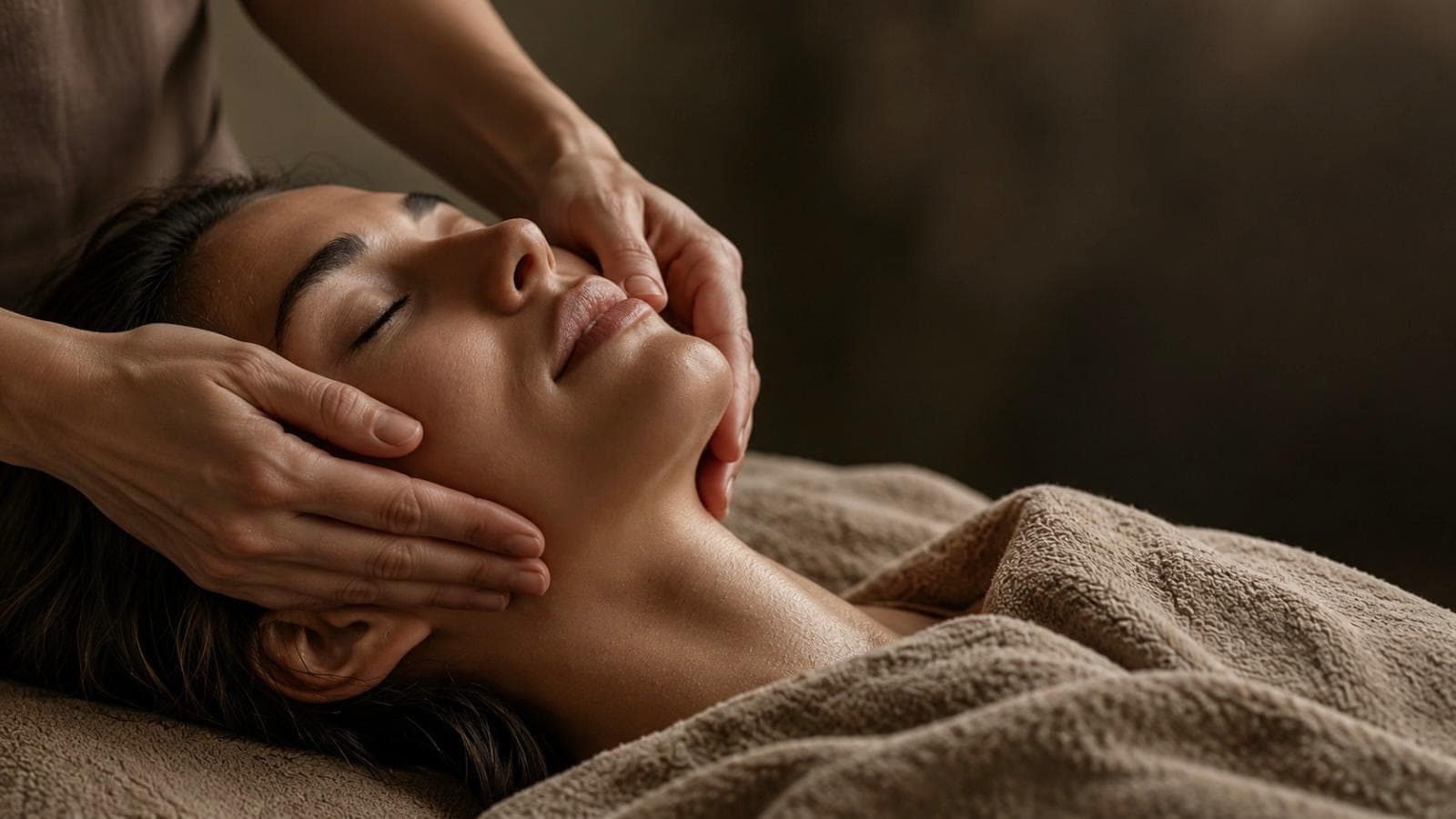A practitioner's hands cradling the jaw of a woman lying under a towel with her eyes closed.