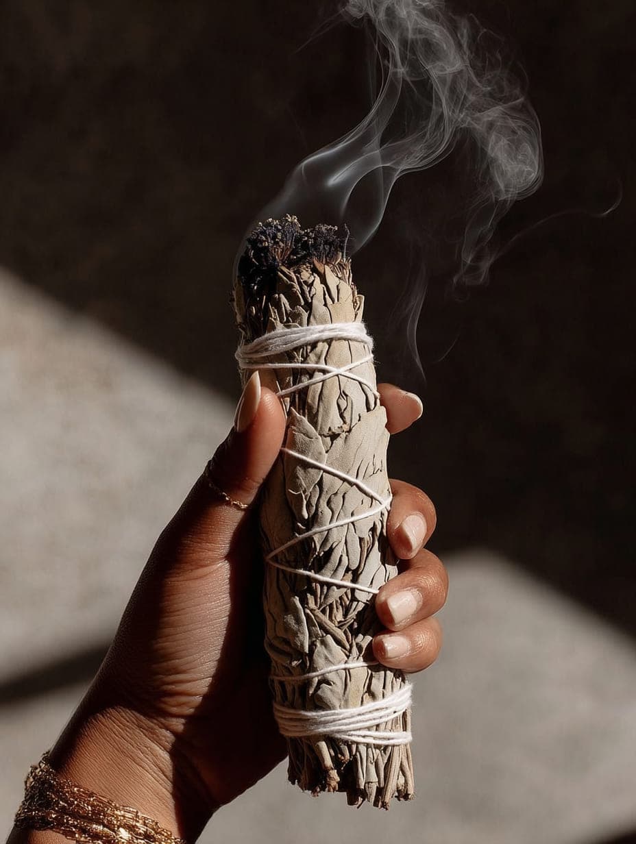 A hand holding a smoking bundle of dried sage in a shaft of sunlight.