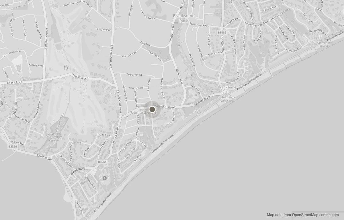 A muted street map of Canford Cliffs with a single mark on 29 Haven Road, the beach and promenade along the lower edge.