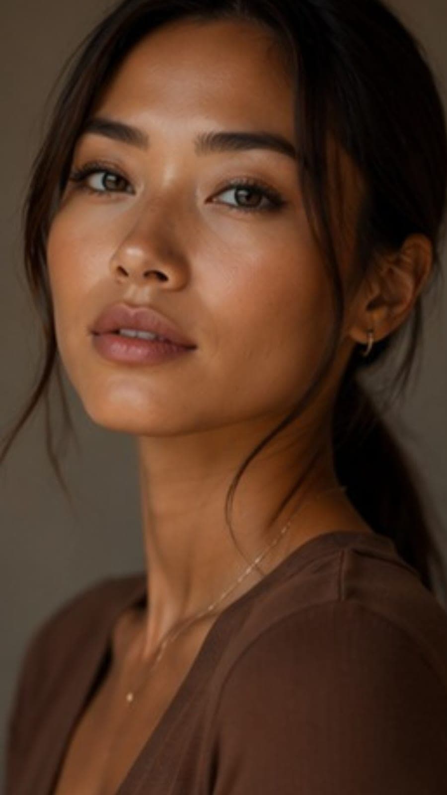 A close portrait of a woman with her hair drawn back, looking into the camera in warm light.
