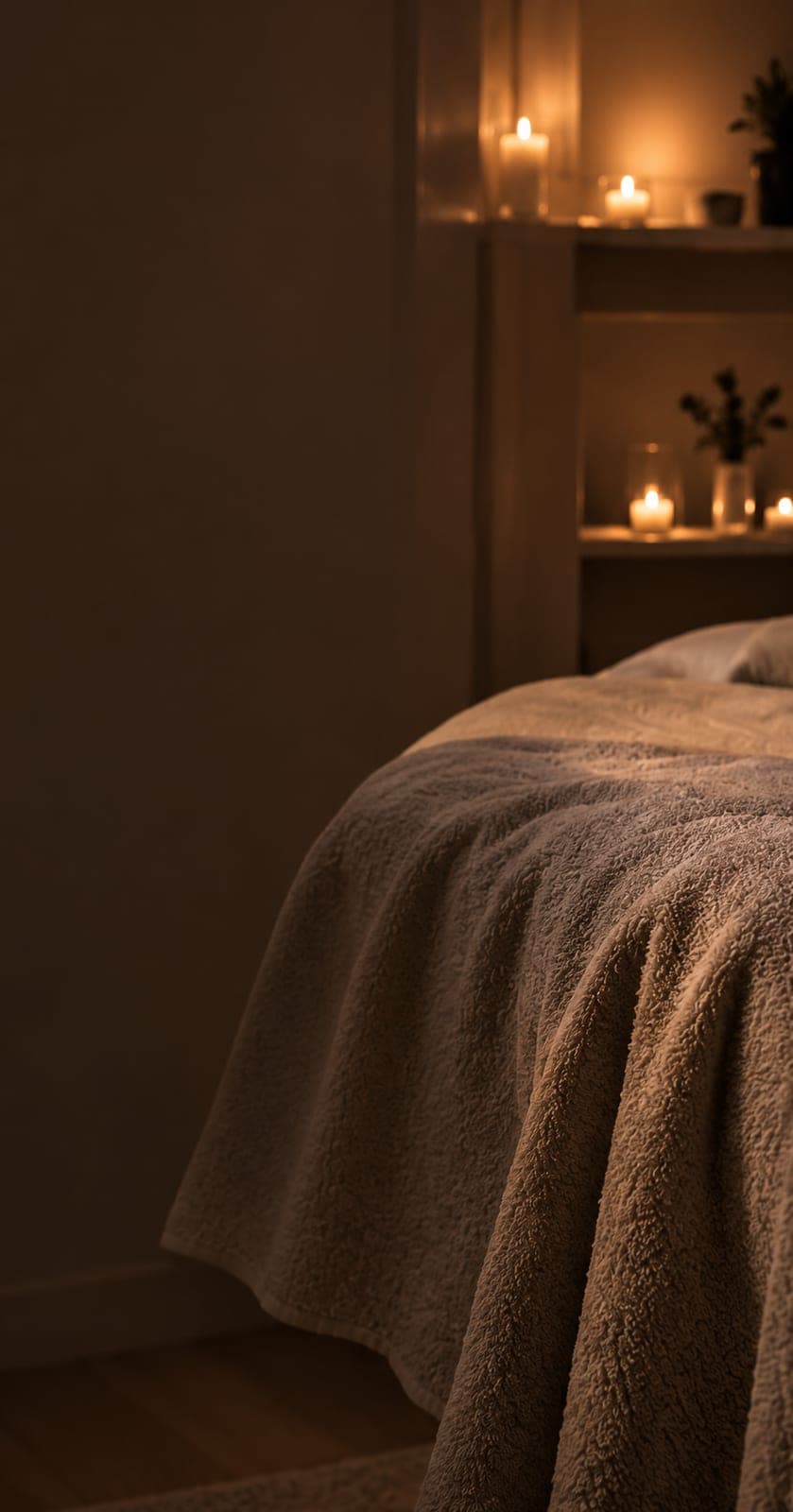 The treatment bed under a soft blanket in candlelight, candles and a small plant on the shelf behind.