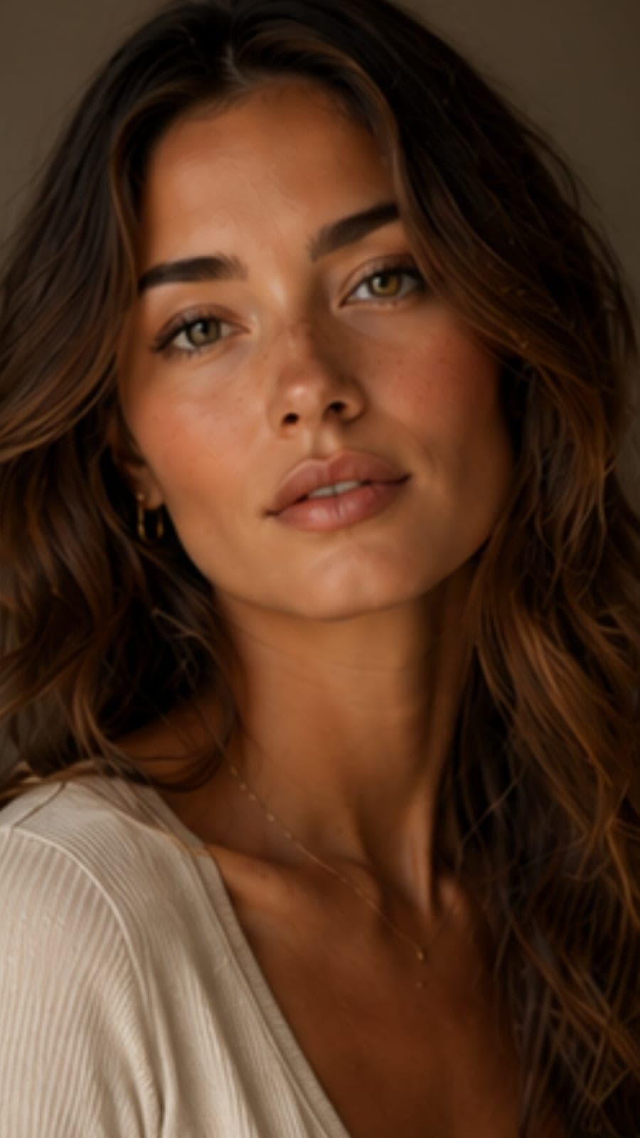 A close portrait of a woman with long waved hair, looking into the camera in warm light.