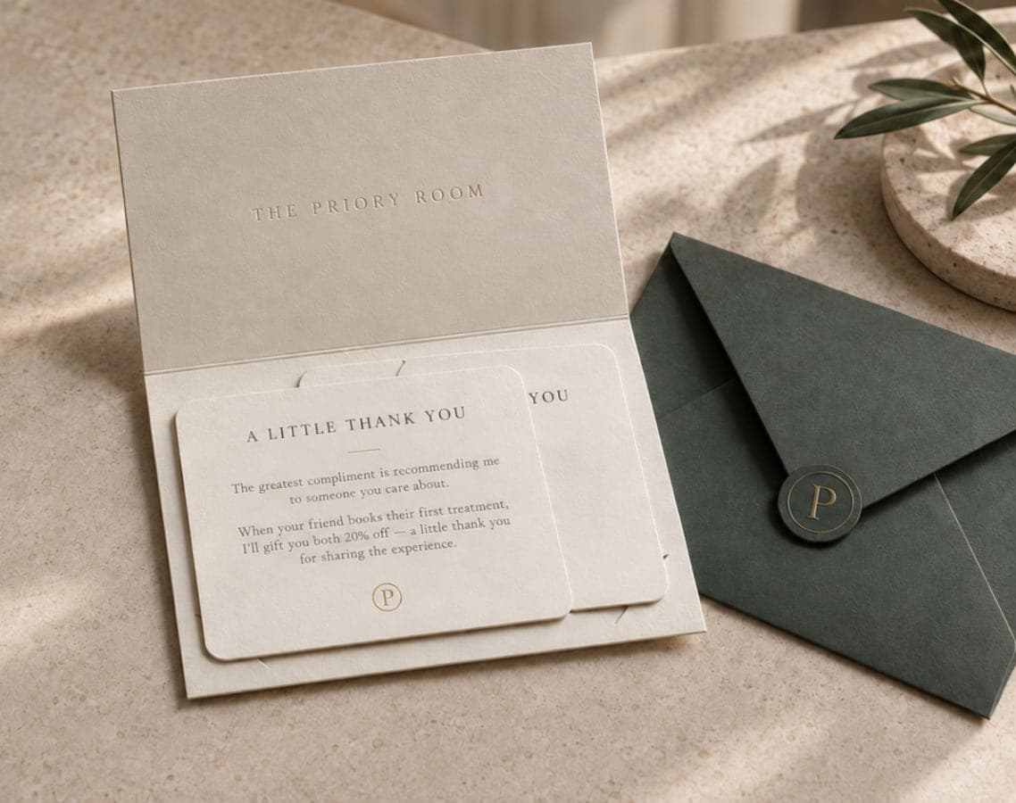 A folded card reading A little thank you beside a dark green envelope sealed with a P, on a stone worktop in soft light.